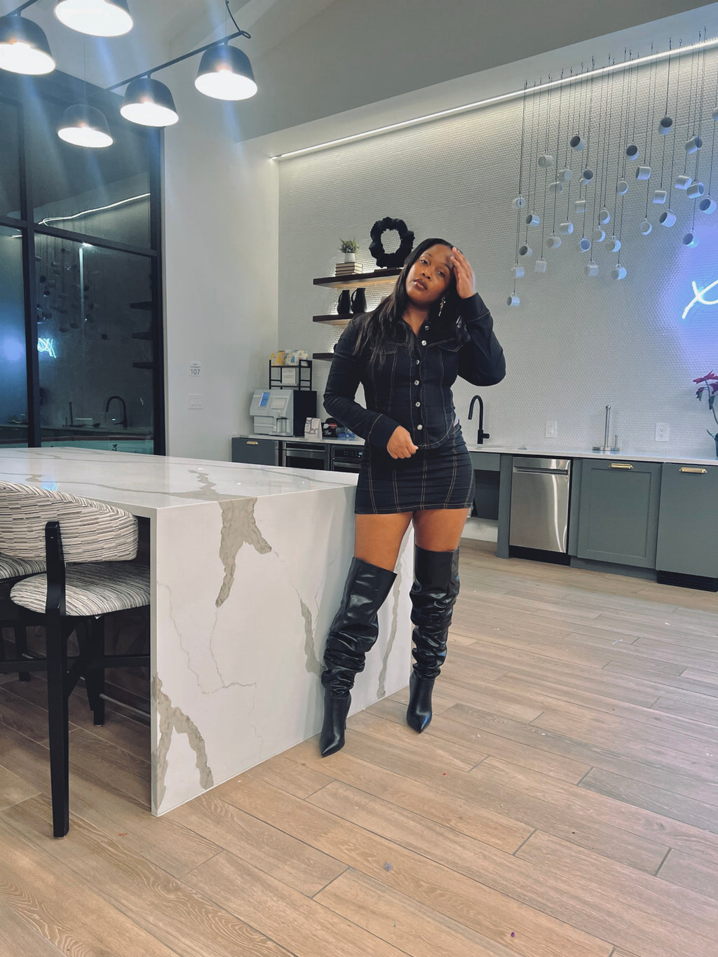 Pepper black denim mini skirt set