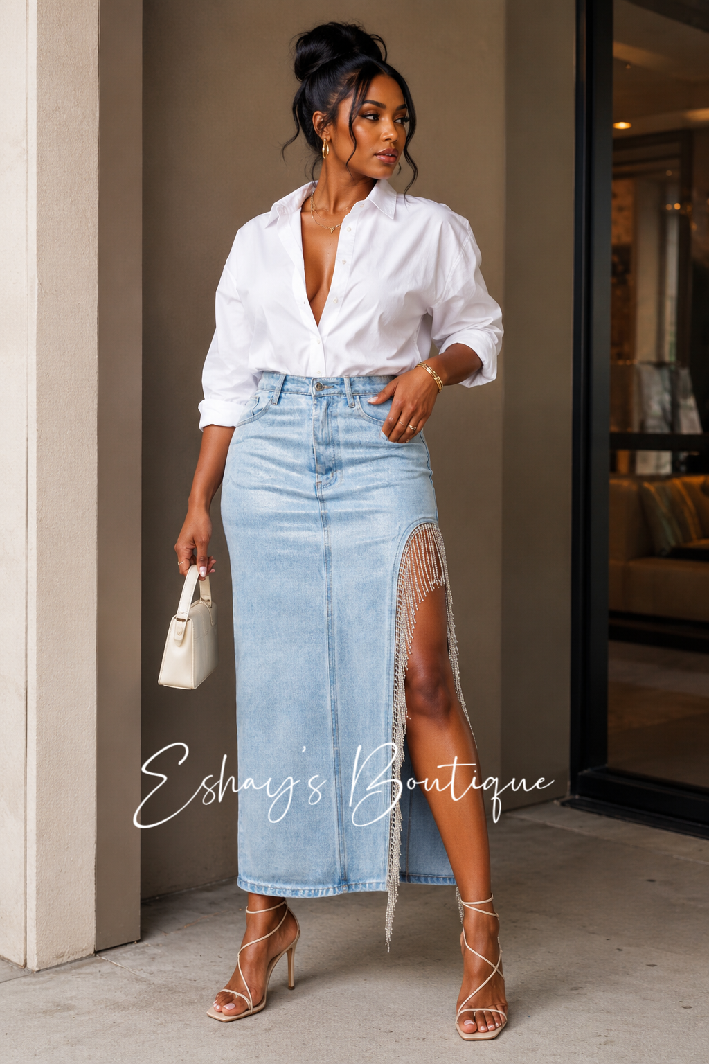 Rhinestone Foil Denim Skirt