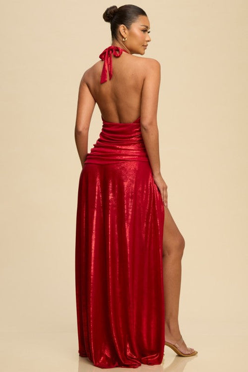 Channel Metallic Halter Dress