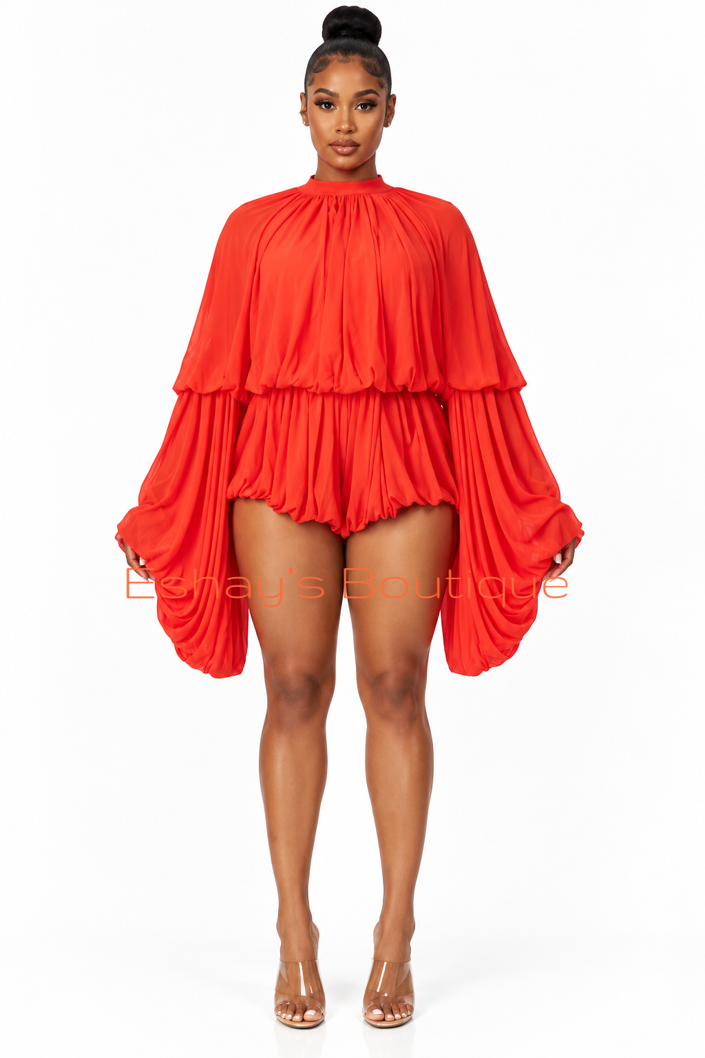 Butterfly Balloon Sleeve Romper (Reddish Orange)IS