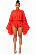 Butterfly Balloon Sleeve Romper (Reddish Orange)IS